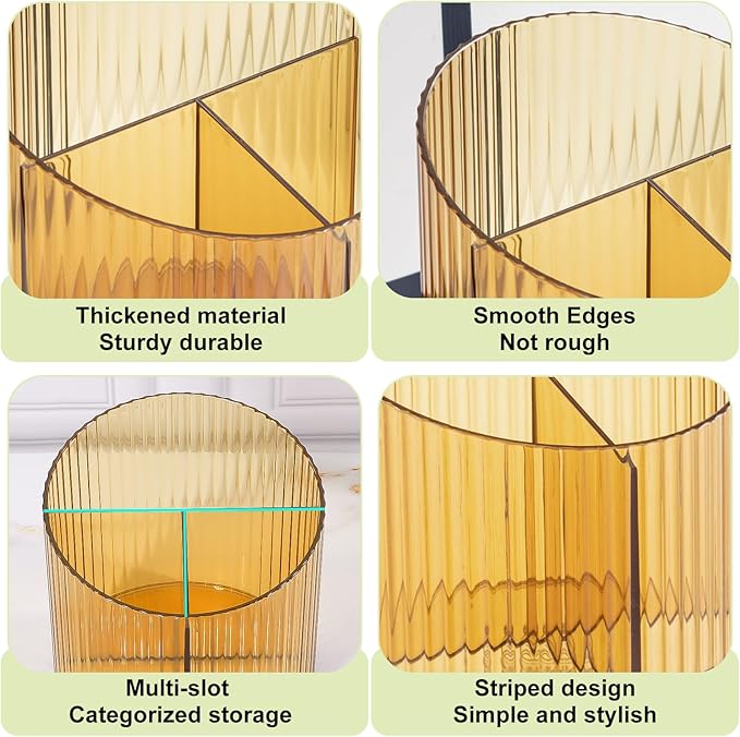 DASITON 3 Slots Makeup Brush Holder, Acrylic Makeup Brush Cup, Vintage Striped Make Up Brush Holder for Vanity Decor, Bathroom Countertops, Desk Storage Container, Cosmetic Display Cases (Yellow)