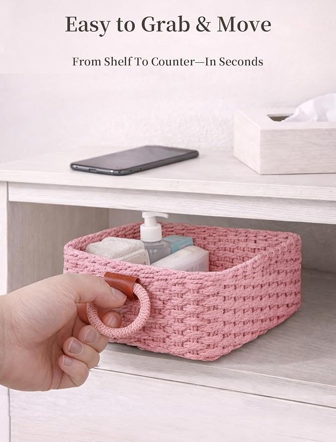 Storage Basket, Recycled Paper Rope Bathroom Basket Organizer, 3Pcs Small Baskets for Organizing, Mini wicker Basket for Decorative Storage Bins, Shelves, Bathroom, Cabinet - Pink