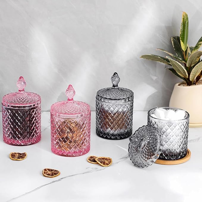 rejomiik 2 Pack Qtip Holder Glass Apothecary Jars with Lid for Bathroom Canisters Dispenser Decor, Storage Organizer for Cotton Swabs, Balls, Pads, Floss Picks, Candy, Pink