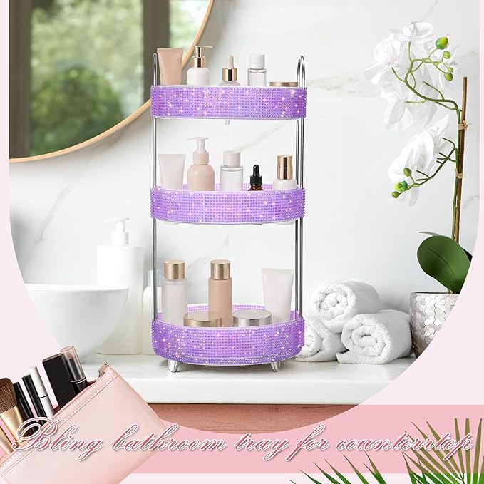 Honeydak 360 Rotating Perfume Organizer for Mother Day Nurse Day Rhinestone Bathroom Counter Organizer Makeup Holder Skincare and Perfume Storage for Cosmetic Countertop(3 Tiers,Resin Stone,Purple)