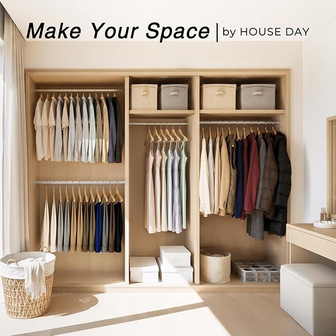 HOUSE DAY Slim Wooden Hangers 20 Pack, Solid Wood Hanger with Non Slip Shoulder Notches & Pant Bar, Smooth Finish Wood Clothes Hangers for Shirts, Suits, Jackets, Natural