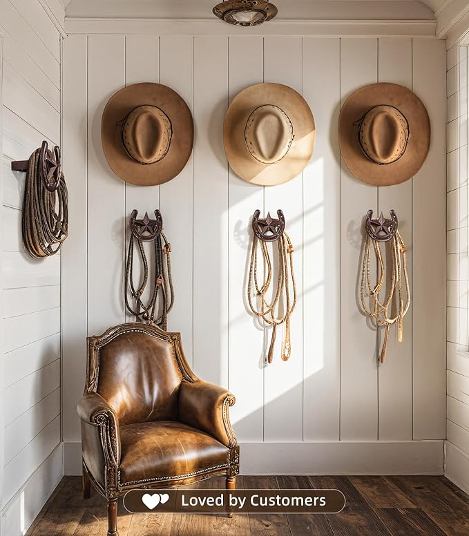 Cowboy Hat Hanger Wall Mount, 6 Pack Cowboy Hat Rack, Bridle Hook for Tack Room, Metal Horseshoe Hook, Horseshoe Decor, Western Hat Hook for Wall, Hat Holder for Entryway Closet, Cowboy Gifts