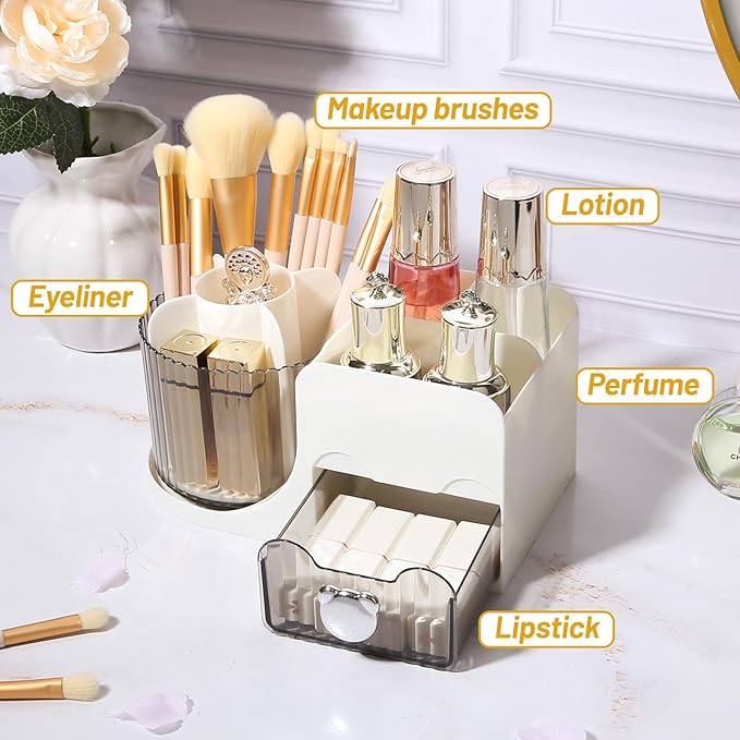 DASITON Makeup Organizer with Drawer, 360° Rotating Makeup Brush Holder, Makeup and Skincare Storage Box, Make Up Organizers for Vantiy, Desktop, Bathroom Countertop, Cosmetic Display Case (White)