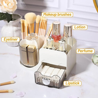 DASITON Makeup Organizer with Drawer, 360° Rotating Makeup Brush Holder, Makeup and Skincare Storage Box, Make Up Organizers for Vantiy, Desktop, Bathroom Countertop, Cosmetic Display Case (White)