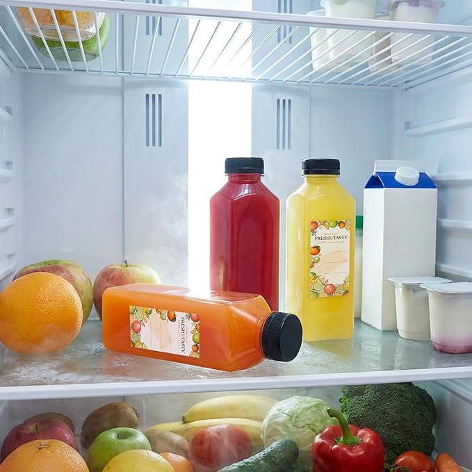 TOMNK 32pcs 16oz Plastic Juice Bottles with Lids, Juice Containers with Caps and Labels, Funnel, Brush, Beverage Containers for Juicing, Smoothies, Tea, Milk