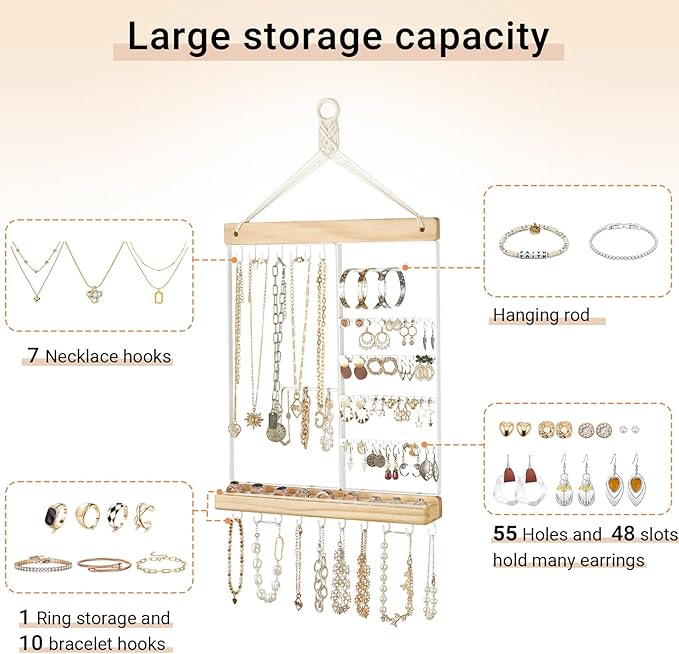 Mkono Hanging Jewelry Organizer Wall Mounted Earring Holder Metal Necklace Holder Wood Shelf with 55 Holes and 7 Hooks Display Rack For Storage Bracelet Rings Ear Studs Accessories Women Bedroom Decor