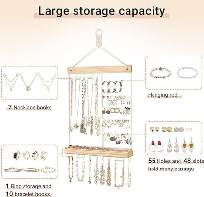 Mkono Hanging Jewelry Organizer Wall Mounted Earring Holder Metal Necklace Holder Wood Shelf with 55 Holes and 7 Hooks Display Rack For Storage Bracelet Rings Ear Studs Accessories Women Bedroom Decor