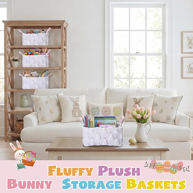 2 Pcs Rabbit Storage Baskets 14x10 Inch Cute Bunny Gift Basket Spring Laundry Foldable Fluffy Plush Storage Bin with Handle Decorative Closet Organizer for Home Office Car Countertop Tabletop