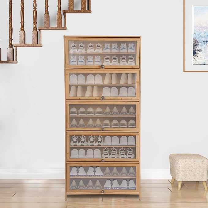 10 Tiers Shoe Storage Cabinet,Bamboo Shoes Shelf Organizer,Shoe Rack with Transparent Acrylic Cabinet Door,Free Standing Shoes Shelf for Entryway Bedroom,31.5 * 12.6in,Brown (Brown)