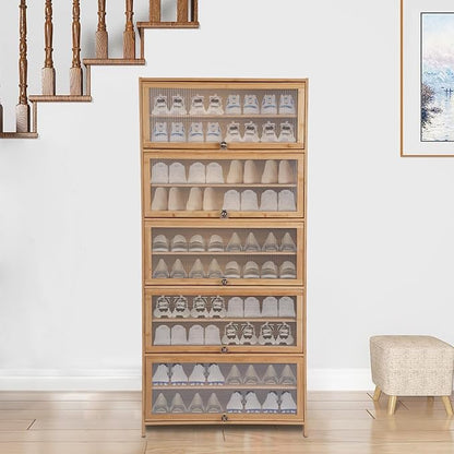 10 Tiers Shoe Storage Cabinet,Bamboo Shoes Shelf Organizer,Shoe Rack with Transparent Acrylic Cabinet Door,Free Standing Shoes Shelf for Entryway Bedroom,31.5 * 12.6in,Brown (Brown)