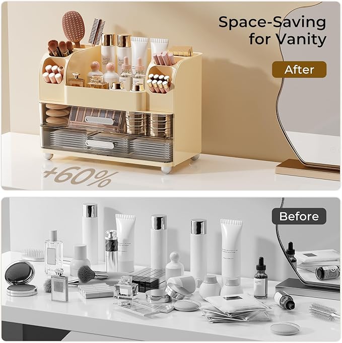 Makeup Organizer for Vanity with 2 Large Drawers, Cosmetic Display Case with Brush Holders, Easy to Storage for Bathroom Countertop Skincare, Perfume, Cream White