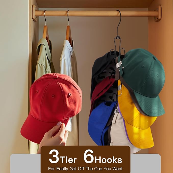 Hat Hanger 2pcs Metal Hat Storage For Baseball Caps,Rotatable Hat Organizer For Closet,Hat Rack With 6 Hooks Up to 30 Caps Hold,Black