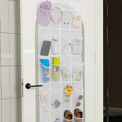 Shoe Hanger for Door, 24 Mesh Pocket Over the Door Organizer, Space Saving Hanging Storage Holder (64x19 Inch, White)