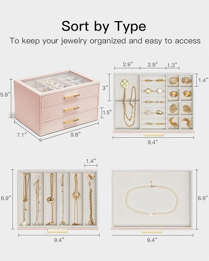 VLANDO Jewelry Box for Women, Glass Lid Jewelry Organizer with 3 Drawers for Necklaces Rings Earrings Bracelets Mother Day Gift for Mom - Dark Pink