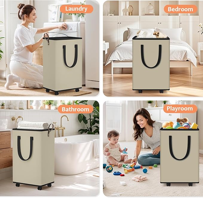SpaceTrove Laundry Basket with Wheels, Collapsible Laundry Baskets, Laundry Hamper with Handles Detachable Wheels, Rolling Laundry Basket, Dirty Clothes Hamper for Bathroom, Dorm, Bedroom, Beige, 80L