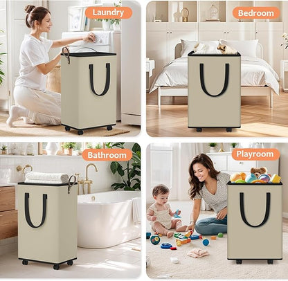 SpaceTrove Laundry Basket with Wheels, Collapsible Laundry Baskets, Laundry Hamper with Handles Detachable Wheels, Rolling Laundry Basket, Dirty Clothes Hamper for Bathroom, Dorm, Bedroom, Beige, 80L