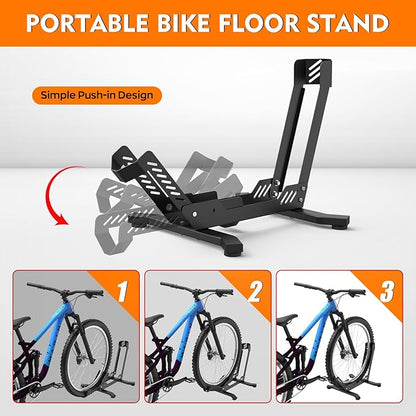 ALIXUEQIN Bike Stand Floor, Portable Bike Storage for Garage - Fit for 24"-29" Bikes, Tire Width up to 3.5", Road & Mountain Bicycle Stand, Front and Rear Wheel Parking Rack - Black