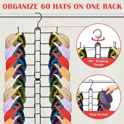 Hat Organizer for Closet, Rotatable Hat Hanger with 20 Large Hooks, Holds Up to 60 Baseball Caps, Collapsible Metal Space Saving Caps Rack for Display, Storage and Closet Organizers, White
