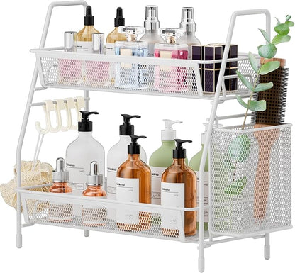VITVITI 2-Tier Bathroom Organizer Countertop, Metal Wire Mesh Bathroom Counter Organizer Storage with Basket Hooks, Vanity Tray Shelf, Kitchen Spice Rack, Small White