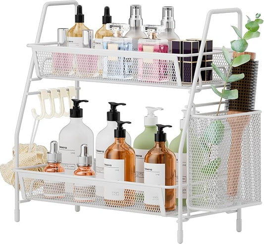 VITVITI 2-Tier Bathroom Organizer Countertop, Metal Wire Mesh Bathroom Counter Organizer Storage with Basket Hooks, Vanity Tray Shelf, Kitchen Spice Rack, Small White