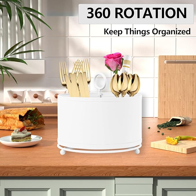 NelyBet 360°Rotating Silverware Caddy,4 Compartment Utensil Holder Countertop,Outdoor Silverware Organizer for Picnic Camping Party Metal Cutlery Caddy with Handle -White
