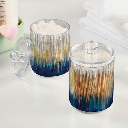 4 Pack Apothecary Jars with Lid, Gold & Blue, Qtip Holder Storage Jars for Cotton Swab, Cotton Round Pads, Clear Plastic Canisters for Bathroom Vanity Organization (10 Oz)
