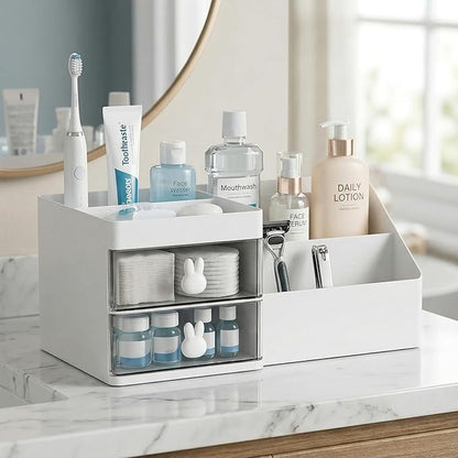 Makeup Organizer With 2 Drawers, Countertop Organizer For Vanity, Bathroom Organizers And Storage, Bathroom And Bedroom Desk Cosmetics Organizer For Skin Care, Brushes, Eyeshadow, Lotions (White)