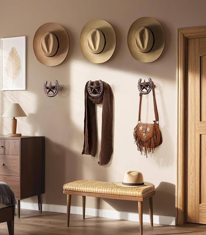 Cowboy Hat Hanger Wall Mount, 6 Pack Cowboy Hat Rack, Bridle Hook for Tack Room, Metal Horseshoe Hook, Horseshoe Decor, Western Hat Hook for Wall, Hat Holder for Entryway Closet, Cowboy Gifts