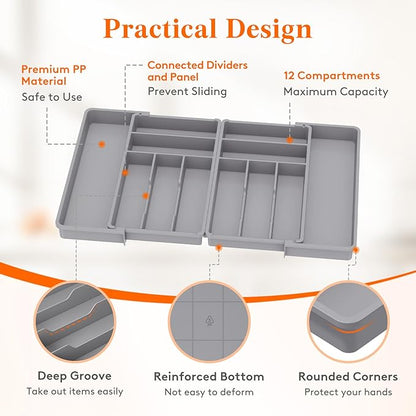 Lifewit Silverware Drawer Organizer, Expandable BPA Free Plastic Utensil Tray for Kitchen, Adjustable Flatware Cutlery Holder for Spoons Forks Knives, 18- 28 x 16.7", Gray