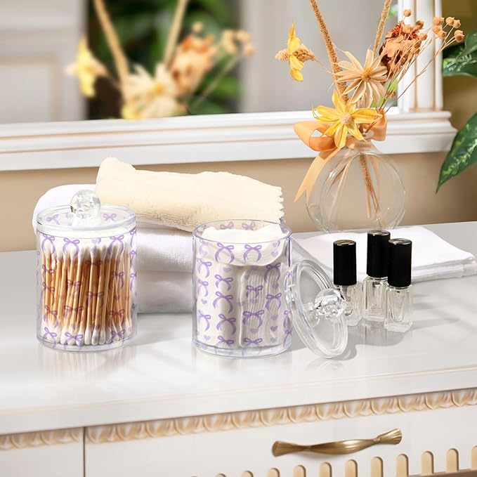 2 Pack Apothecary Jars Purple Bow Love Qtip Holder Organizer Clear Airtight Container for Cotton Swabs Food Storage 14oz Plastic Jars with Lids