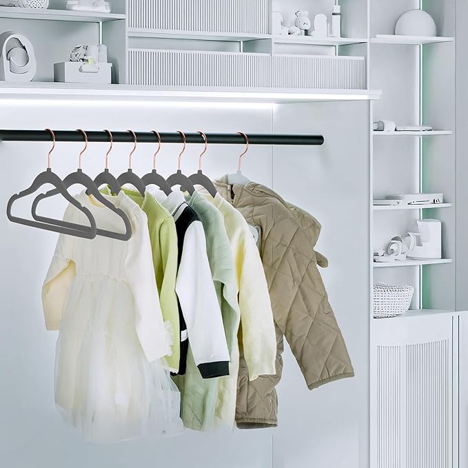 50 Pack Velvet Baby Hangers Non-Slip Clothes Hanger with Swivel Hooks, Space Saving Infant Toddler Closet Organizers, Ultra Thin Durable Child Hangers for Nursery, Kids, Children Wardrobe (Grey)
