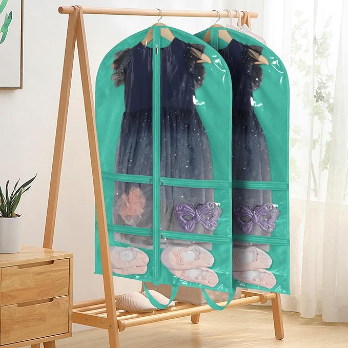 KEEGH Clear Garment Bags for Dance Costumes 40 inch Dance Garment Bags for Dancers Hanging Clothes for Closet Storage, with 4 Zipper Pockets for Dance Competitions, Ballet, Theatre, 6 Pack, Green