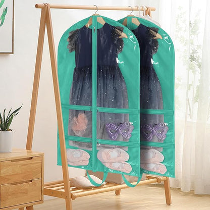 KEEGH Clear Garment Bags for Dance Costumes 40 inch Dance Garment Bags for Dancers Hanging Clothes for Closet Storage, with 4 Zipper Pockets for Dance Competitions, Ballet, Theatre, 6 Pack, Green