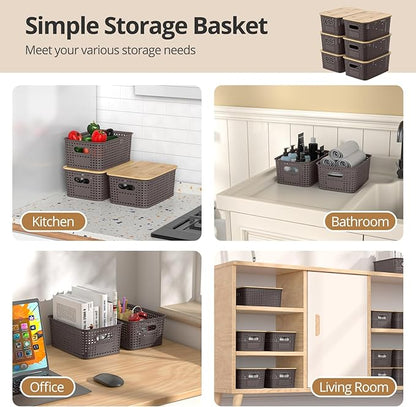 Plastic Storage Baskets with Bamboo Lids, Stackable Small Box Bins for Organizing and Containers for Shelves Drawers Desktop Closet Pantry Classroom Office Home, 6 Pack 10.2x7.2x4.1 Inch, Brown