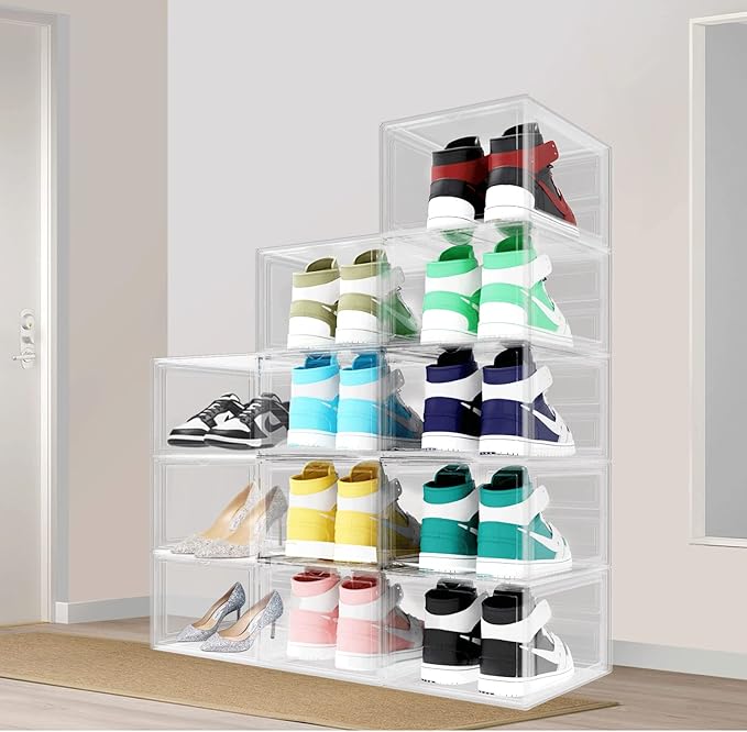 Shoe Box, 6 Pack Shoe Boxes Clear Plastic Stackable, Shoe Storage Boxes with Lids, Drop Front Shoe Boxes for Sneaker Storage Display, Fit Up to US Size 12 (13.6”x 10.4”x 7.5”) (Transparent)