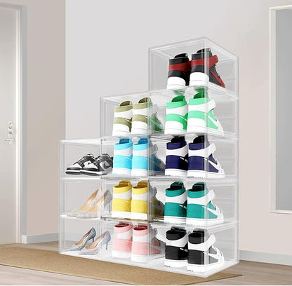 Shoe Box, 6 Pack Shoe Boxes Clear Plastic Stackable, Shoe Storage Boxes with Lids, Drop Front Shoe Boxes for Sneaker Storage Display, Fit Up to US Size 12 (13.6”x 10.4”x 7.5”) (Transparent)