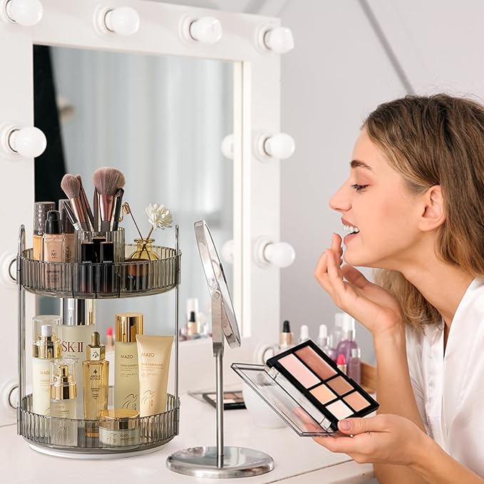 shuang qing Rotating Makeup Organizer for Vanity, High-Capacity Skincare Clear Make Up Storage Perfume Organizers Cosmetic Dresser Organizer Countertop 360 Spinning (Gray, New-2 Tier)