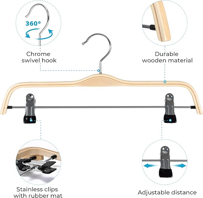 JS Hanger Wooden Pant Hangers, 5-Pack Light Weight Wood Skirt Hangers with Anti-Rust Hook and 2-Adjustable Clips