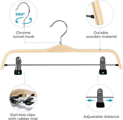 JS Hanger Wooden Pant Hangers, 5-Pack Light Weight Wood Skirt Hangers with Anti-Rust Hook and 2-Adjustable Clips