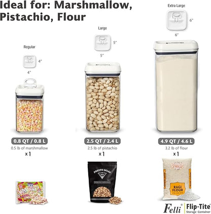 Felli Flip Tite Acrylic Food Storage Container with Lid 6” XL Air Tight Ring Seal Flip Lock, Plastic Kitchen Baking Canister for 5 lb Flour Sugar Rice Protein Powder Pantry Organizer (Nest-L White)