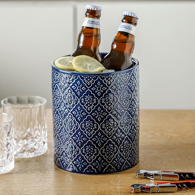 KOOV Kitchen Utensil Holder, Large Utensil Holders for Countertop, 6 x 7 Inches Ceramic Utensil Crock, Deep and Stable, Cooking Utensil Holder, Embossed Pattern (BLue)