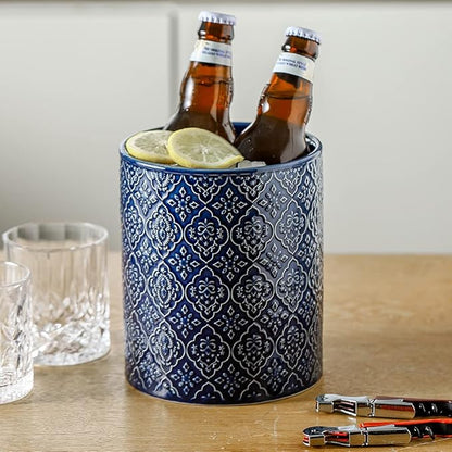 KOOV Kitchen Utensil Holder, Large Utensil Holders for Countertop, 6 x 7 Inches Ceramic Utensil Crock, Deep and Stable, Cooking Utensil Holder, Embossed Pattern (BLue)