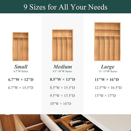Small Silverware Organizer, Bamboo Kitchen Drawer Organizer, Utensil Holder, Cutlery Tray & Spoon Flatware Storage with Grooved Drawer Dividers (6.7''W x 12''D)