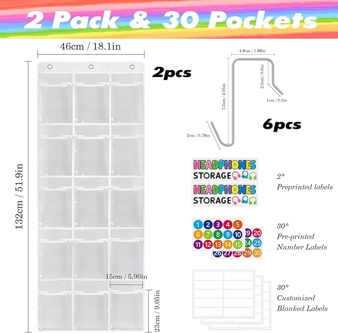 2 Pack Classroom Headphone Storage Organizer with 30 Pockets PVC Clear Organizer Holder with 4 Hooks for Headphone Organizer Classrooms