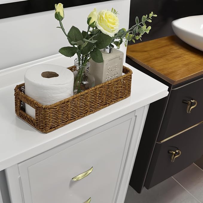 Basket for Toilet Paper Storage, Waterproof Wicker Baskets for Bathroom Counter Organizer, Small Storage Basket for Organizing Countertop Bathroom Bedroom Toilet Tank (Dark Brown)