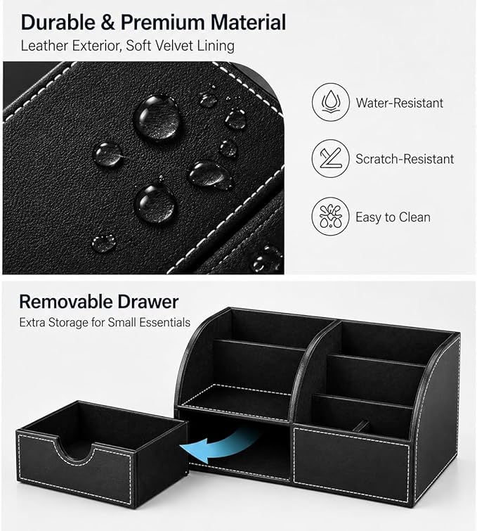 KINGFOM Cologne Organizer for Men, PU Leather Dresser Organizer with Drawer, 11" Countertop Cologne Holder for Watch, Wallet, Keys, Sunglasses, Bathroom Bedroom Nightstand Organizer, Black