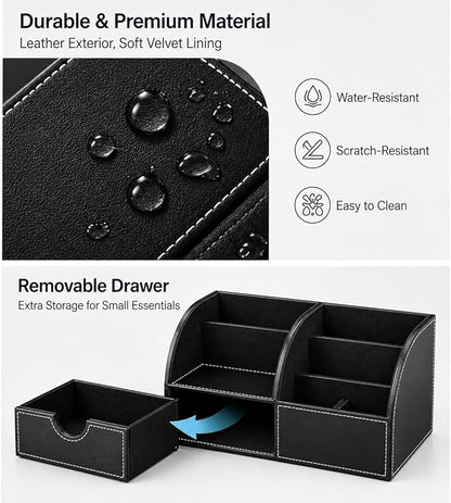 KINGFOM Cologne Organizer for Men, PU Leather Dresser Organizer with Drawer, 11" Countertop Cologne Holder for Watch, Wallet, Keys, Sunglasses, Bathroom Bedroom Nightstand Organizer, Black