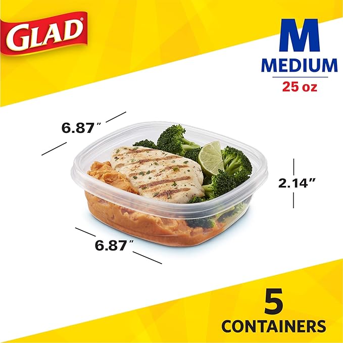 Glad GladWare Entree Food Storage Containers with Lids, Medium Square No BPA Plastic for Meal Prep and Lunches, Lock Tight Seal, Microwave and Dishwasher Safe, 25 Oz, 5 Count - 6 Pack
