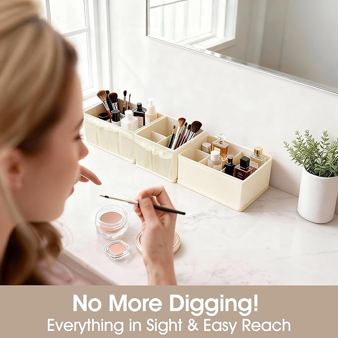 Cosmetic Storage Bins Makeup Organizer, Adjustable Multifunction Storage Box Desk Drawer Divider for Makeup Brushes, Bathroom Countertop or Dresser, Set of 4