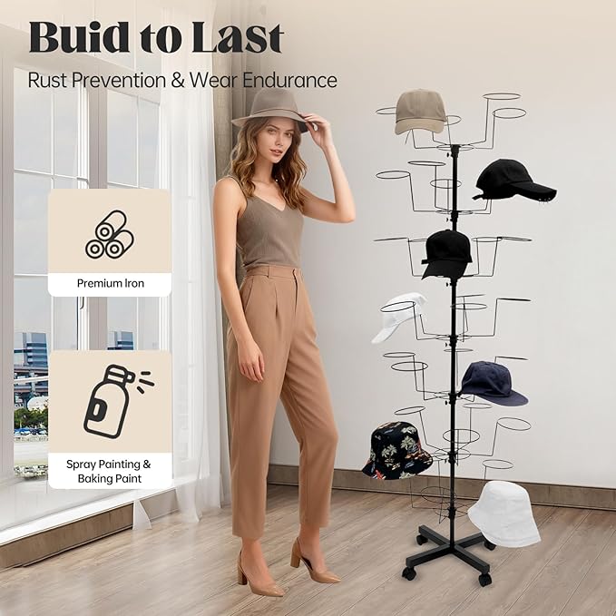 7-Tier Rotating Hat Display Rack Stand – Freestanding Metal Hat Organizer with 35 Cap Holders, Adjustable Height & Rolling Base, Space-Saving Standing Hat Rack for Baseball Caps, Cowboy Hats, Stores